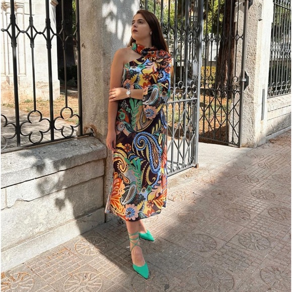 ZARA ONE SHOULDER PRINTED ASYMMETRIC DRESS MULTICOLORED - Picture 4 of 13